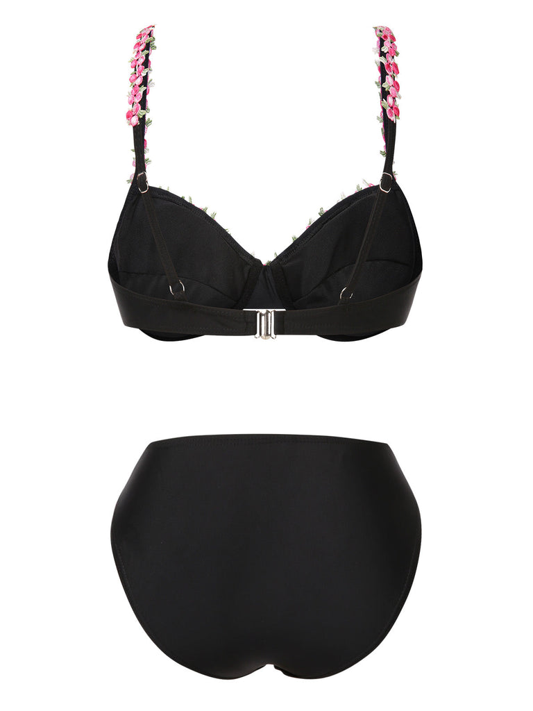 Schwarz 1950er 3D-Blumen Spaghetti Träger Bikini Set
