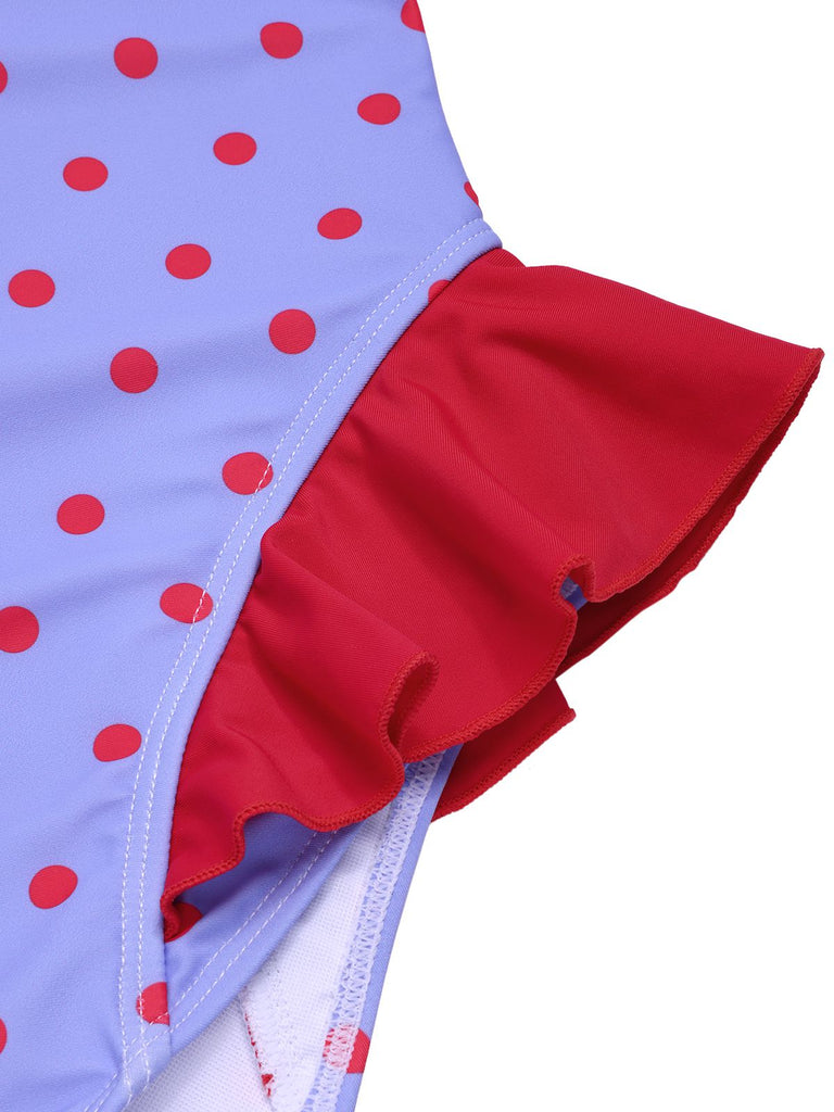 Blau 1950er Polka Dots Rüschen Badeanzug