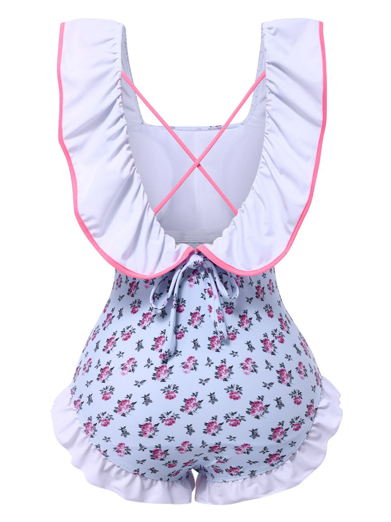 Blau 1950er Kleine Blumen Bogen Rüschen Badeanzug