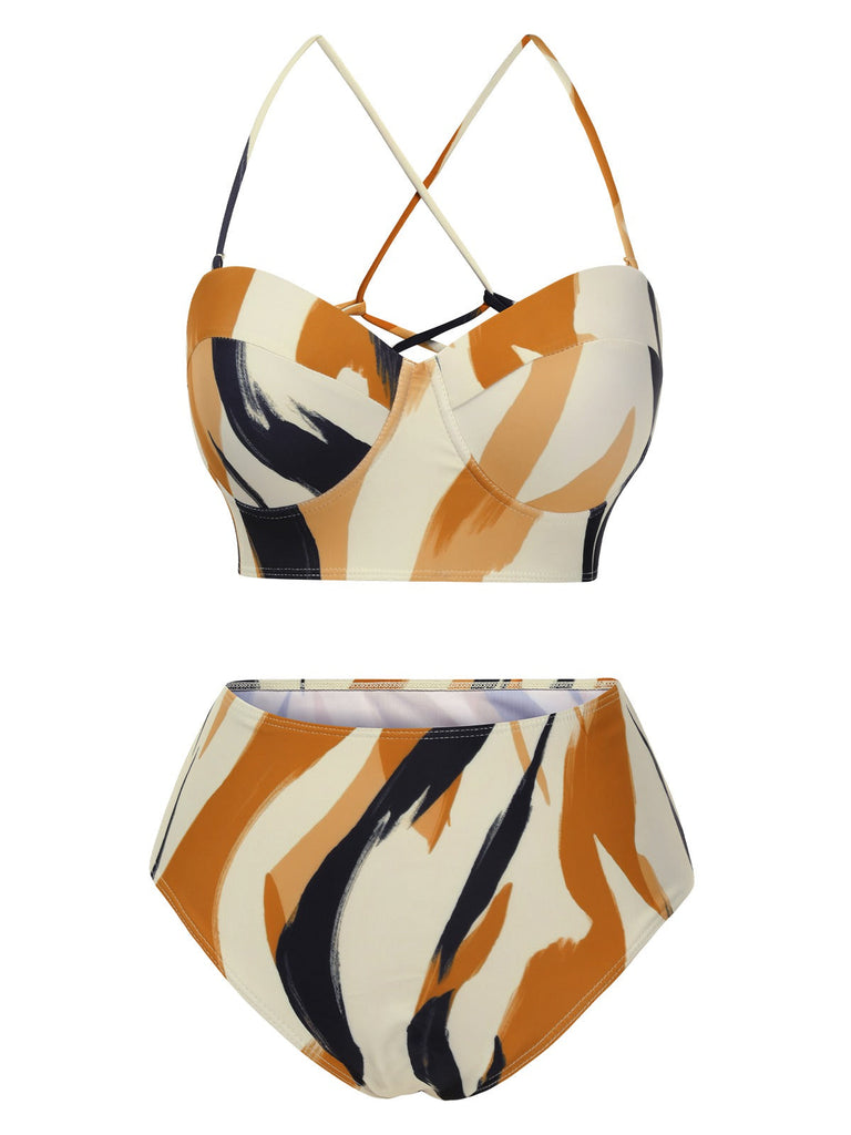 2PCS Multicolor 1960er Künstlerischer Pinsel Träger Schnürung Bademode & Cover-Up