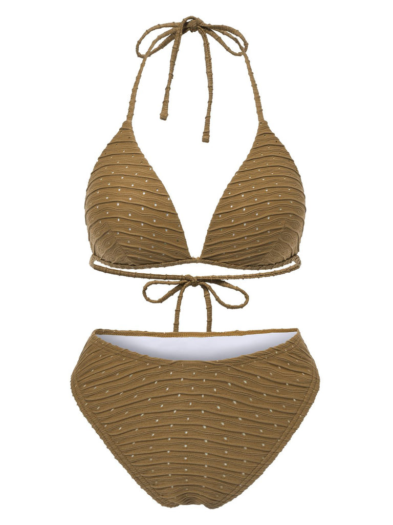 2PCS 1940er Halter Textur Solide Bikini Set & Cover-Up