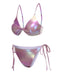 Lila 1970er Twist Glänzend Bikini Set