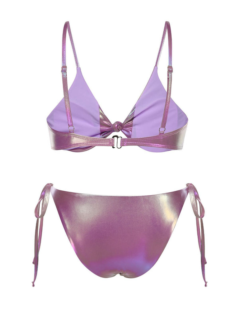 Lila 1970er Twist Glänzend Bikini Set