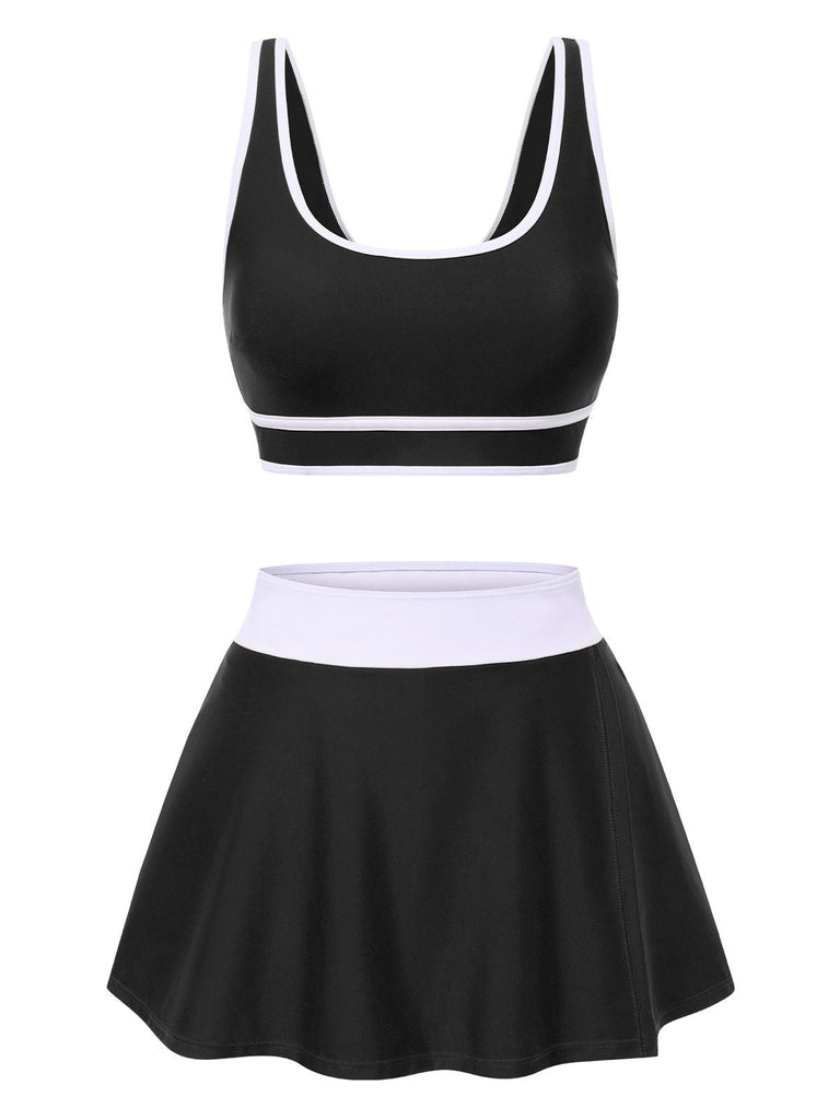 1940er Quadratischer Hals Seitenschlitz Farbblock Rock Bademode