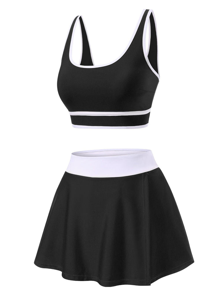 1940er Quadratischer Hals Seitenschlitz Farbblock Rock Bademode