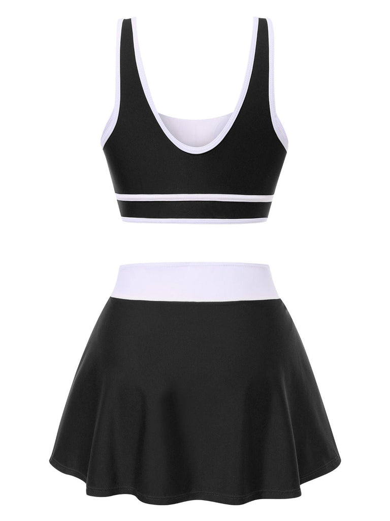 1940er Quadratischer Hals Seitenschlitz Farbblock Rock Bademode