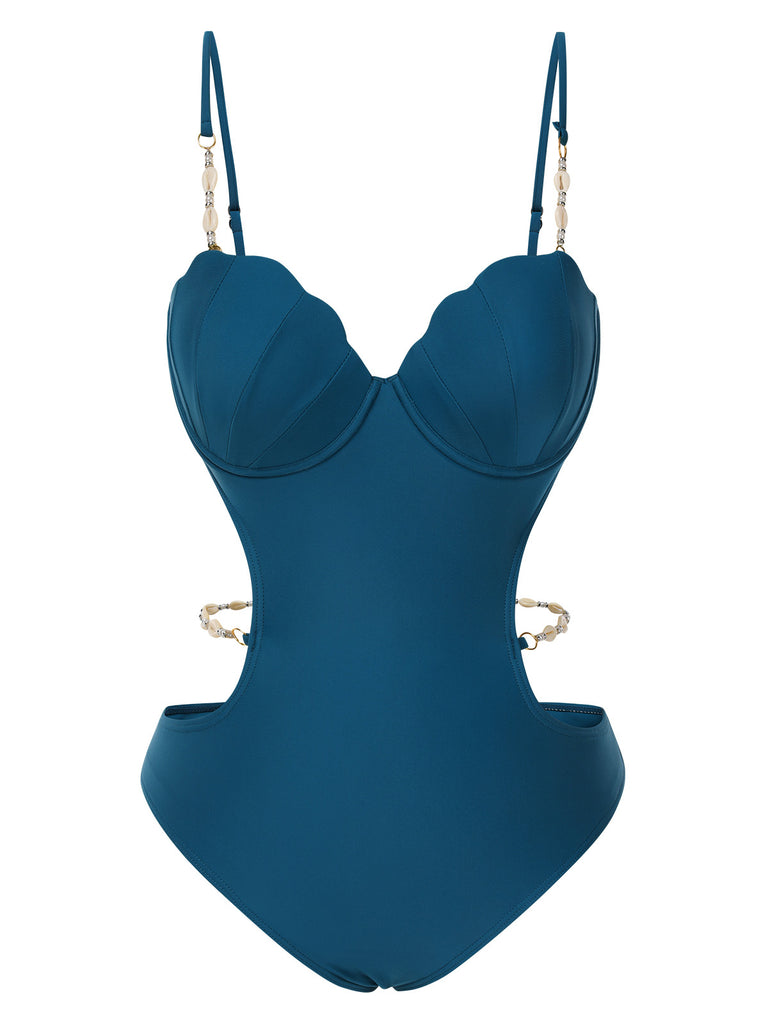 Blaugrün 1960er Muschel Spaghetti Träger Hohl Bademode