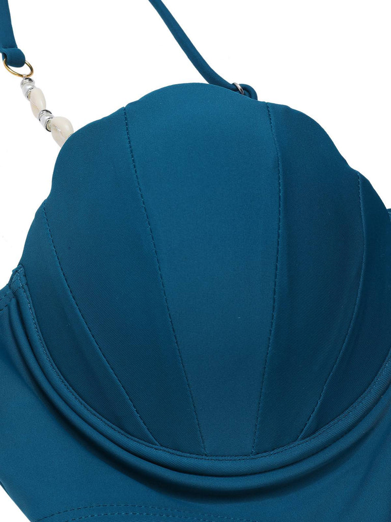 Blaugrün 1960er Muschel Spaghetti Träger Hohl Bademode