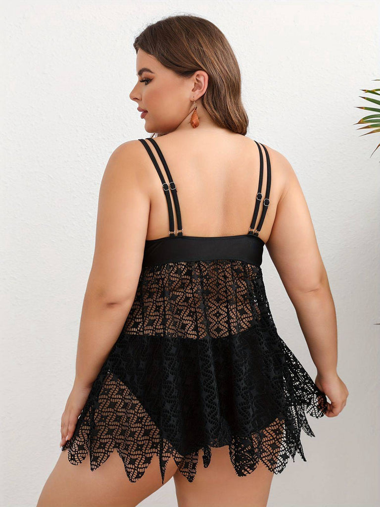 [Große Größen] Schwarz 1950er Solide Bohemien Spitze Tankini Set