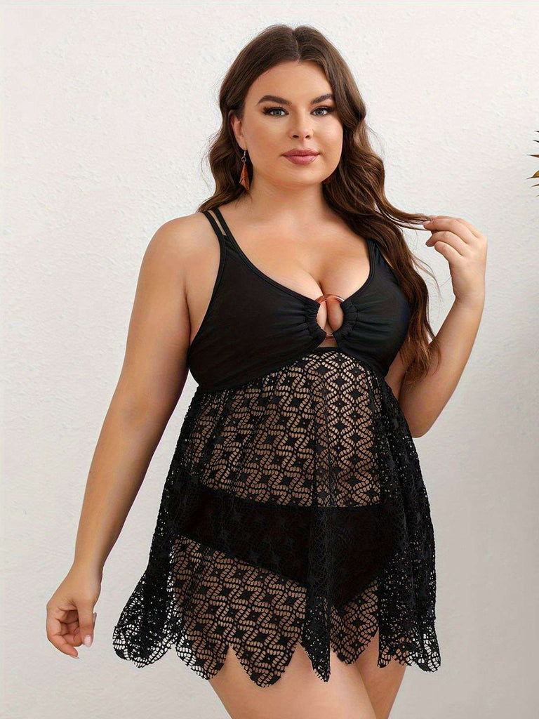 [Große Größen] Schwarz 1950er Solide Bohemien Spitze Tankini Set