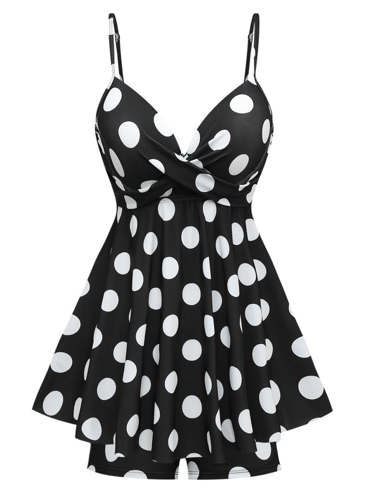 Schwarz 1950er Polka Dots Spaghetti Träger Badekleid