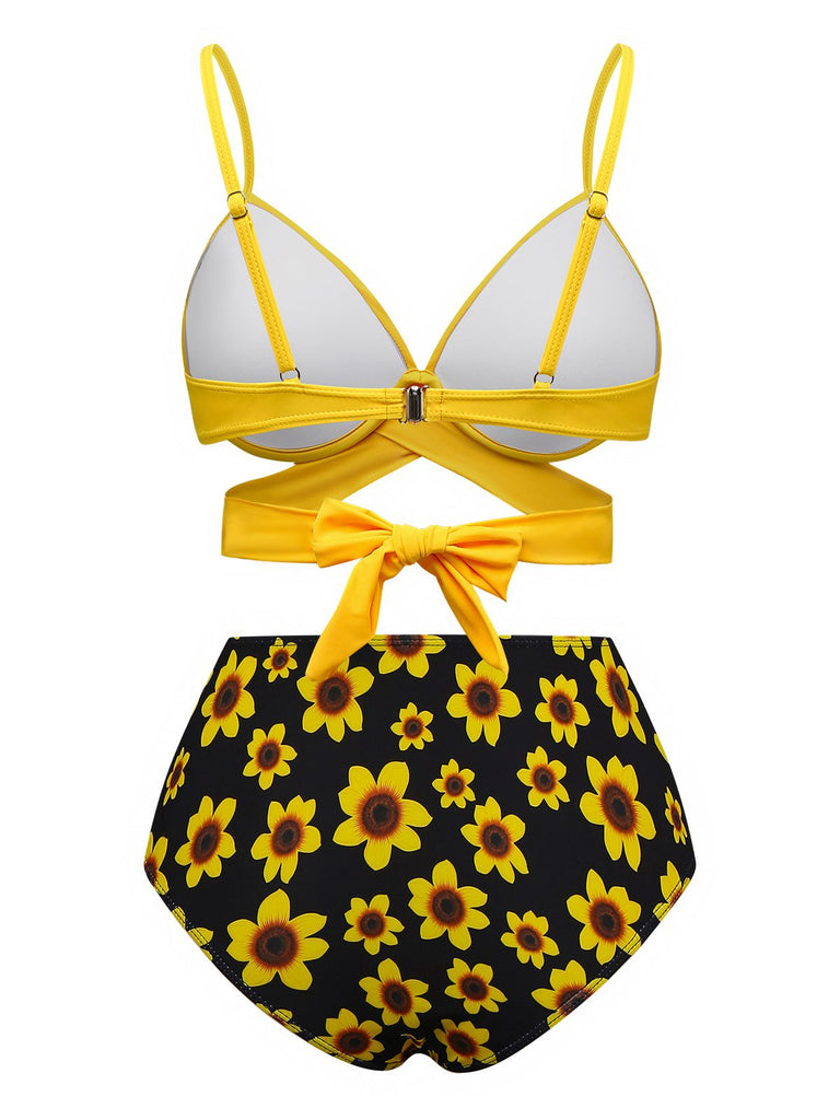 Gelb 1950er Sonnenblume Zurückbinden Bikini Set