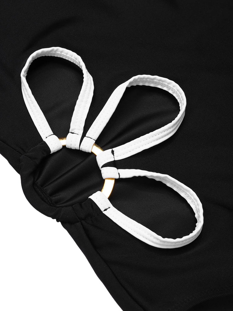 Schwarz 1950er Weiß Blumen Hohl Einteiliger Badeanzug