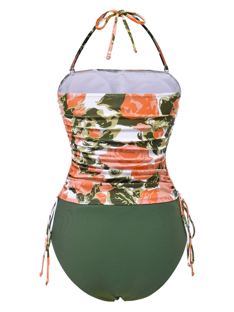 Grün 1960er Bandeau Halter Blumen Kordelzug Bademode