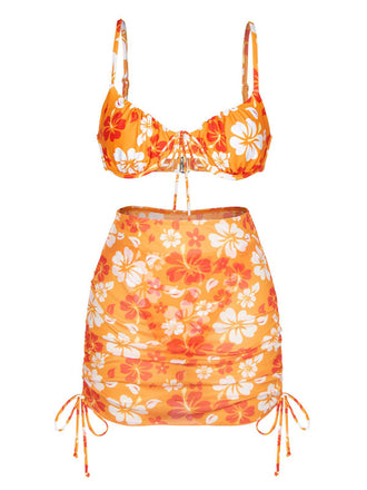 Orange 1950er Silhouette Blumen Träger Rock Bikini