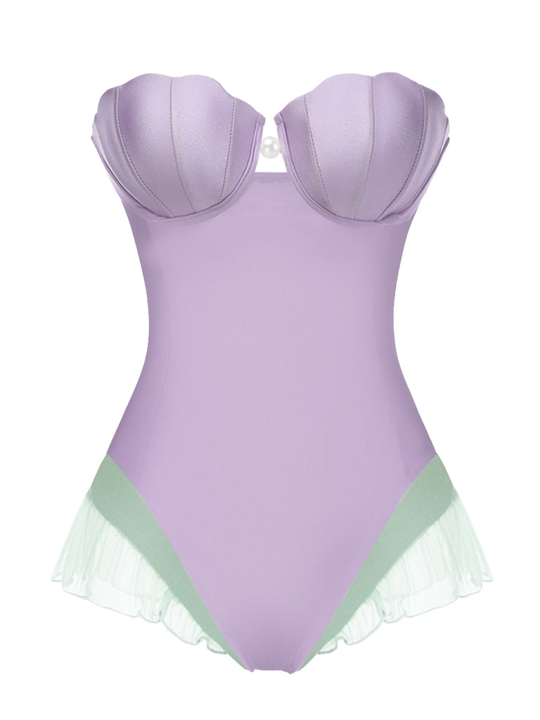 Lila 1970er Hülse Meerjungfrauen Bandeau Einteiliger Badeanzug