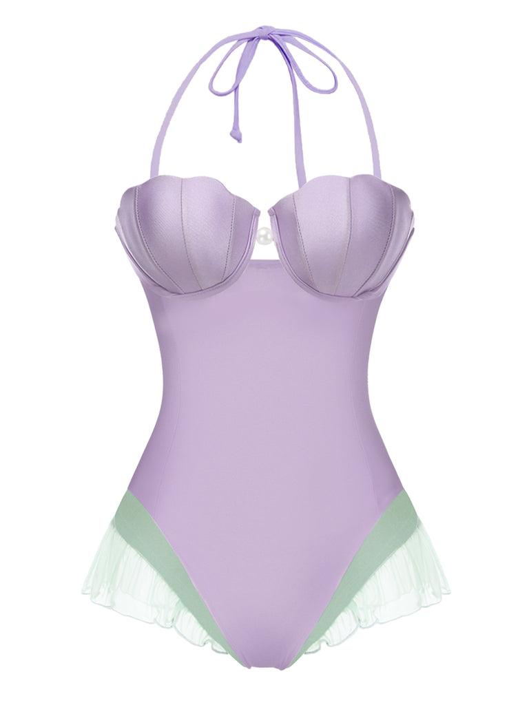 Lila 1970er Hülse Meerjungfrauen Bandeau Einteiliger Badeanzug