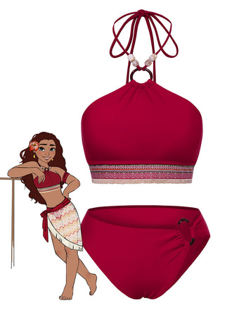 Rot 1970er Prinzessin-Stil Sicken Halfter Bikini Set