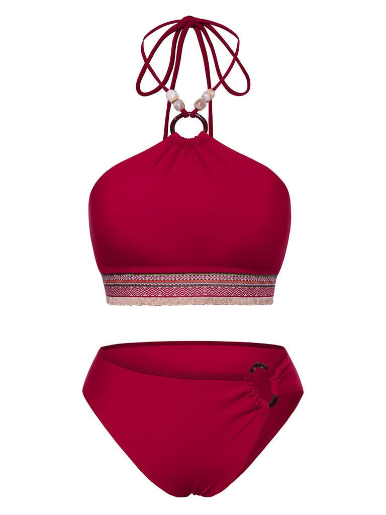 Rot 1970er Prinzessin-Stil Sicken Halfter Bikini Set