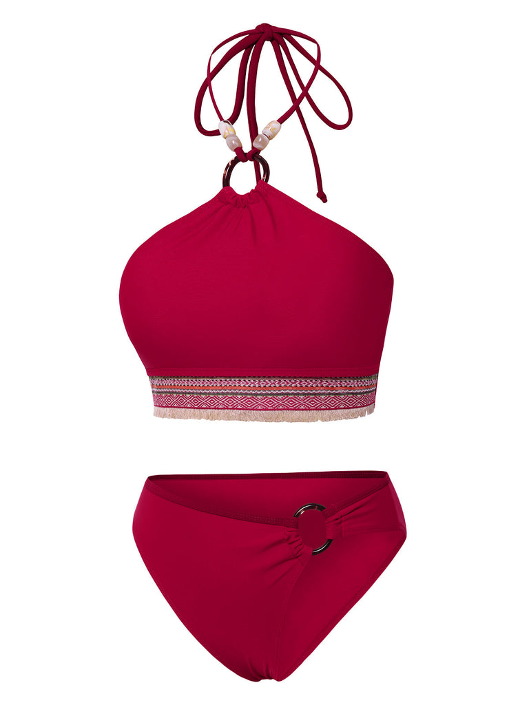 Rot 1970er Prinzessin-Stil Sicken Halfter Bikini Set