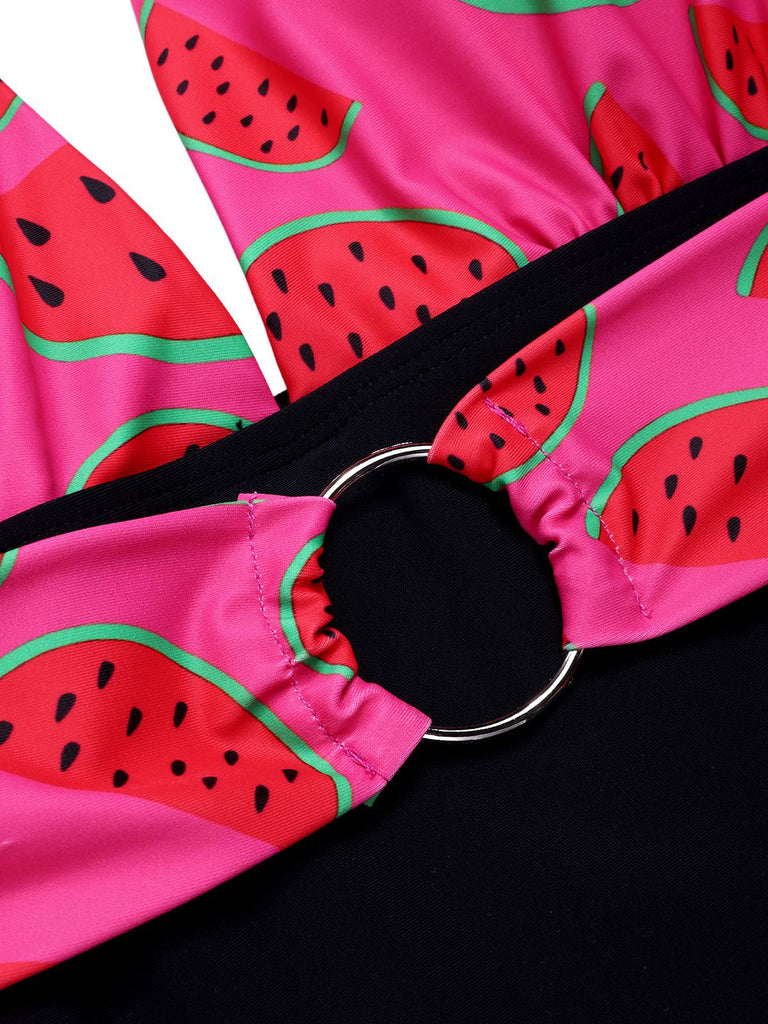 Rosa 1960er Wassermelone Tief-V Halter Badeanzug