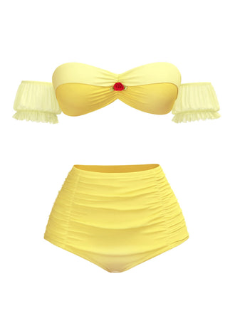 Gelb 1970er Belle Princess Stil Rose Puff Bikini Set
