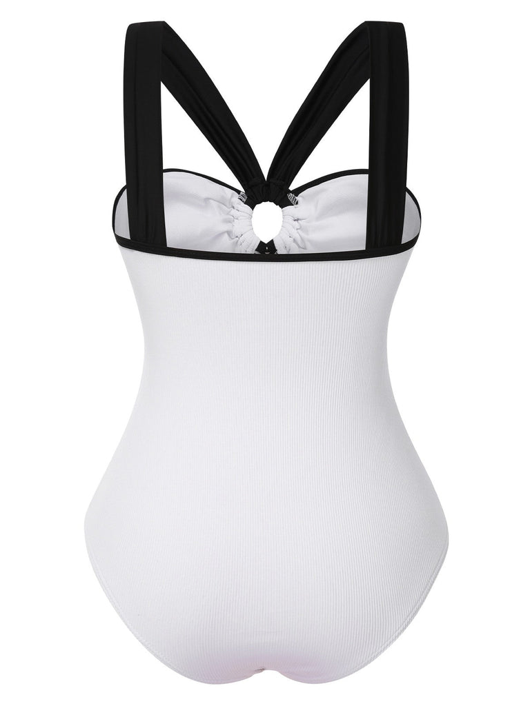 Weiß 1950er Waist Hohl Farbblock Badeanzug