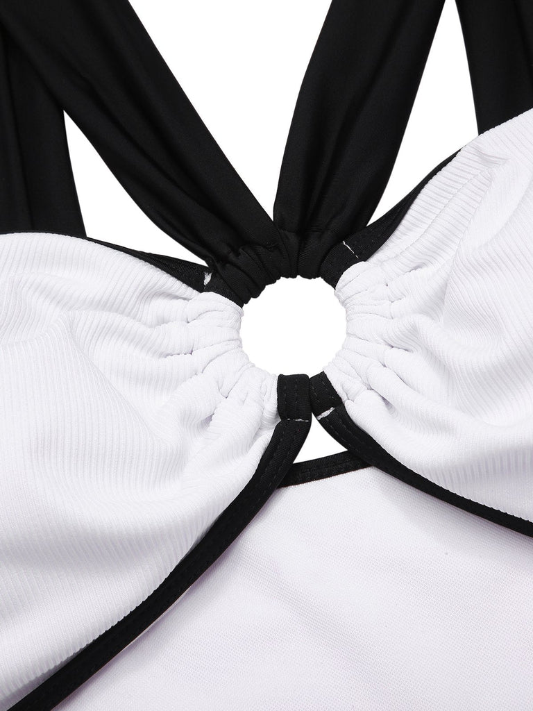 Weiß 1950er Waist Hohl Farbblock Badeanzug