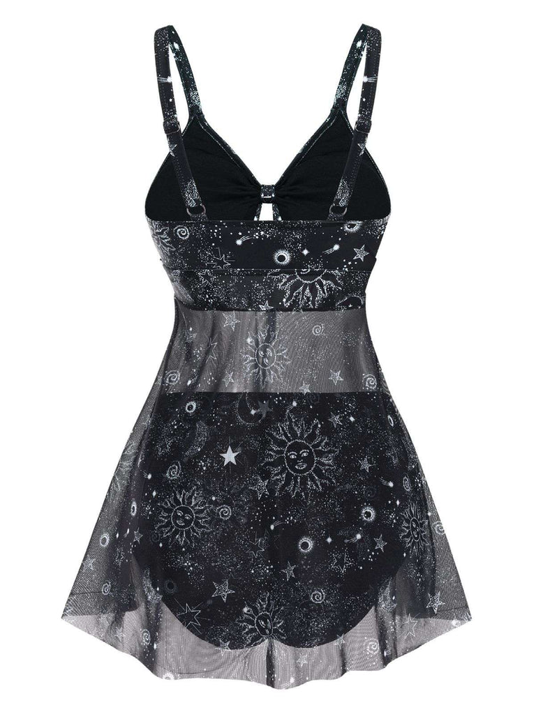 Schwarz 1930er Netz Aushöhlen Sonne Mond Drucken Badekleid