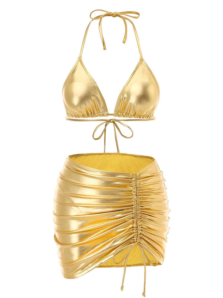 1970er Halter Metallisch Bikini & Gerüschtes Cover-Up