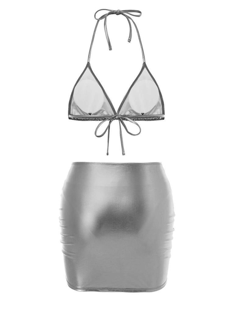 1970er Halter Metallisch Bikini & Gerüschtes Cover-Up