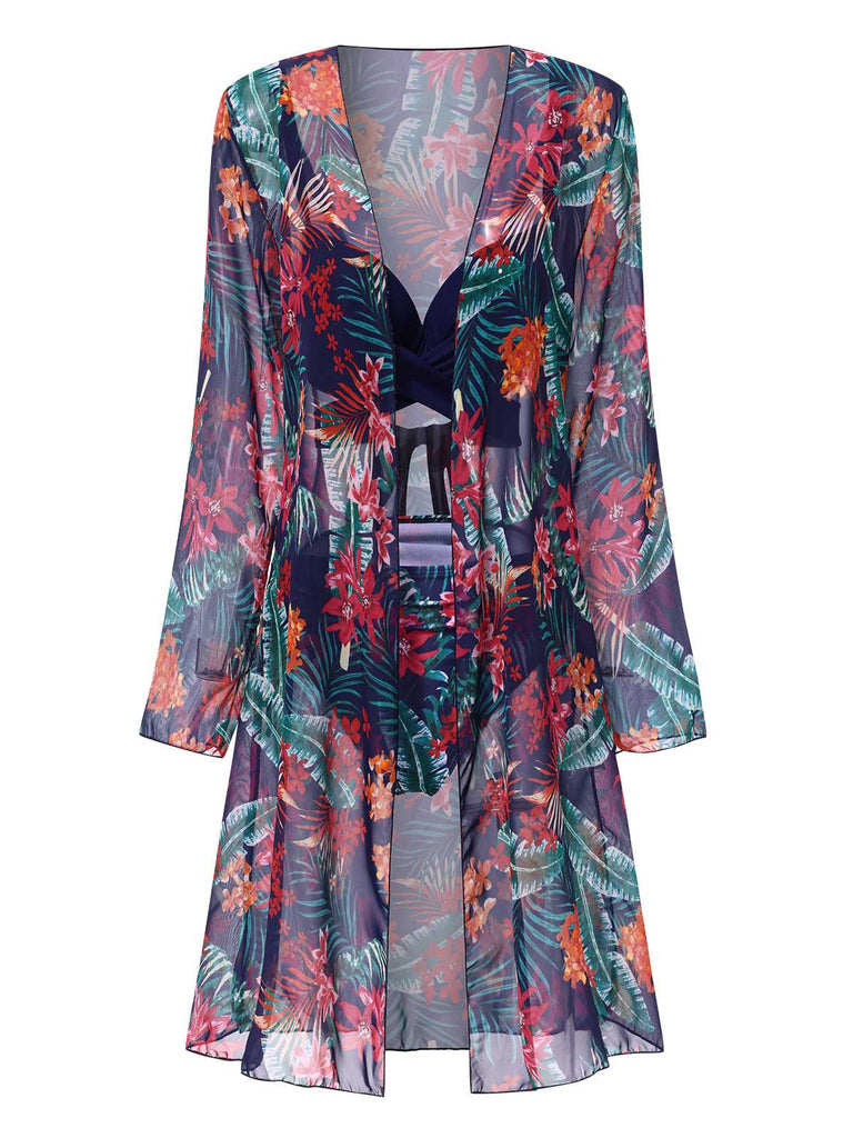 2PCS Blau 1960er Blumen Pflanze Drucken Bikini Set & Cover-Up