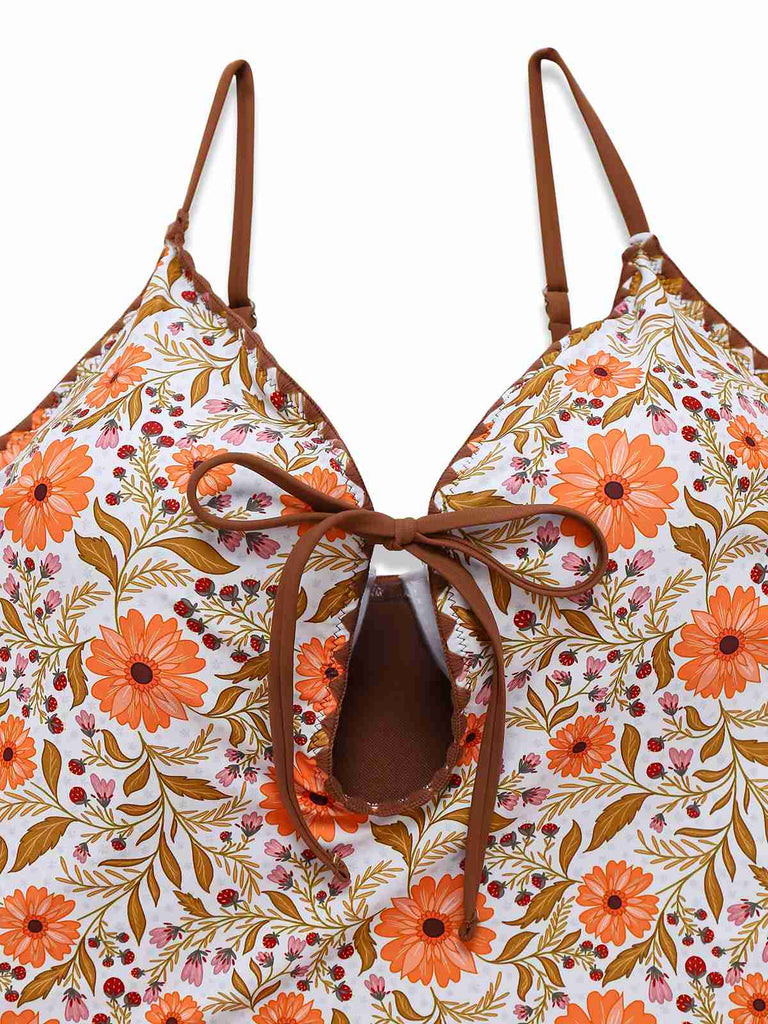 Khaki 1950er Blumen Schlüsselloch Badeanzug