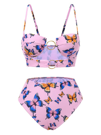 Rosa 1950er Hohl Ring Schmetterling Bikini Set