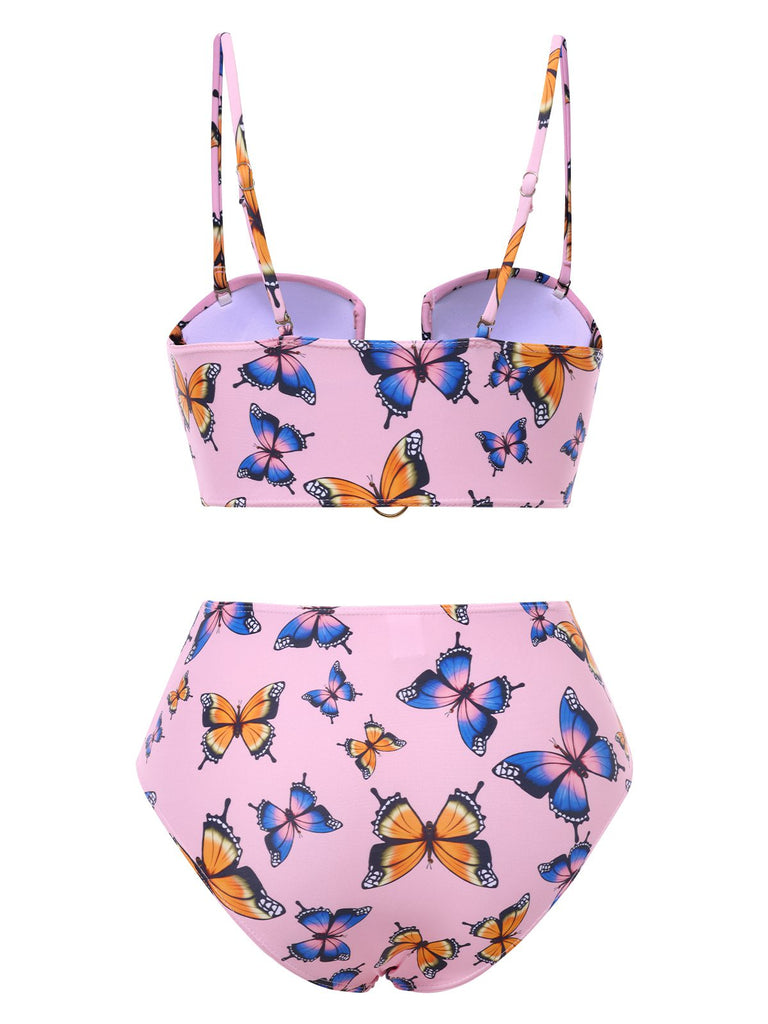 Rosa 1950er Hohl Ring Schmetterling Bikini Set
