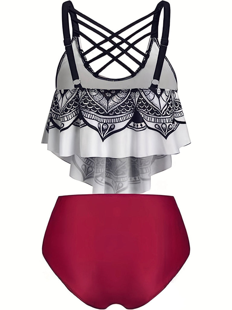 Rot 1980er Gothic Schädel Front Kreuz Rüschen Badeanzug