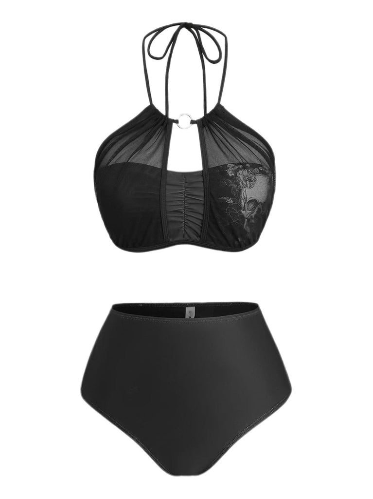 2PCS Schwarz 1980er Gothic Schädel Netz Halfter Bikini Set & Cover Up
