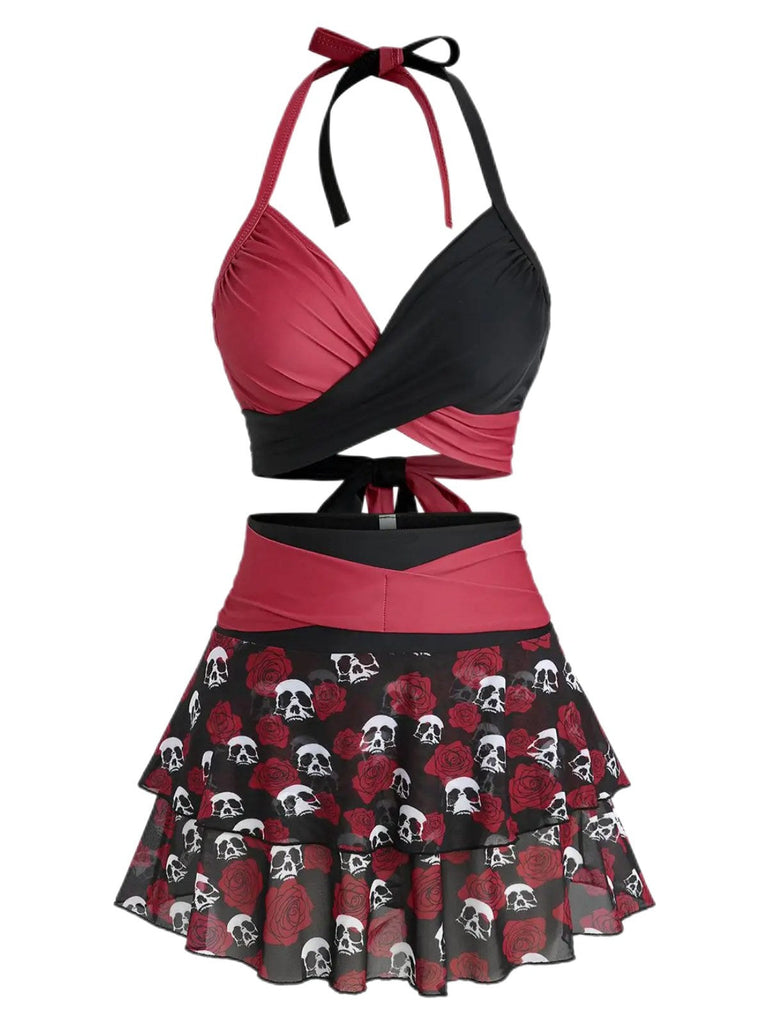 Schwarz & Rot 1980er Gothic Schädel Rose Halfter Rock Bademode