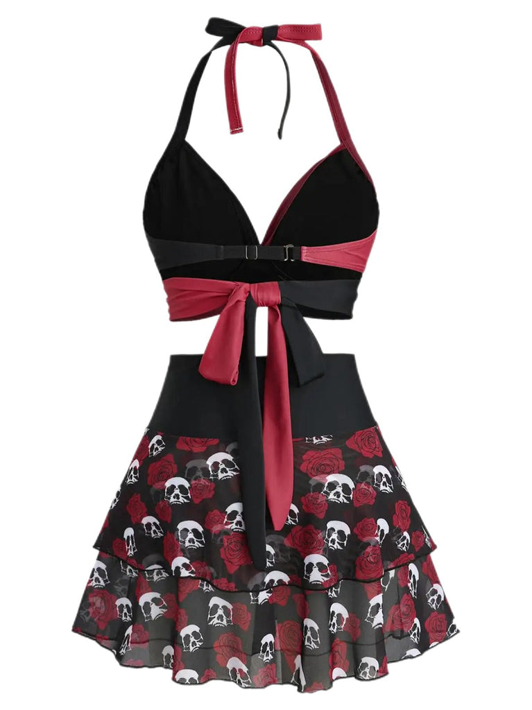 Schwarz & Rot 1980er Gothic Schädel Rose Halfter Rock Bademode