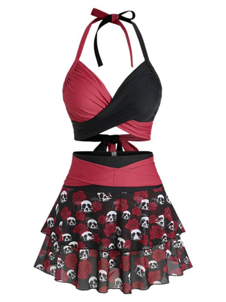Schwarz & Rot 1980er Gothic Schädel Rose Halfter Rock Bademode
