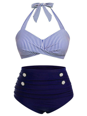 [Große Größen] Blau 1940er Streifen Halter Bogen Bikini Set