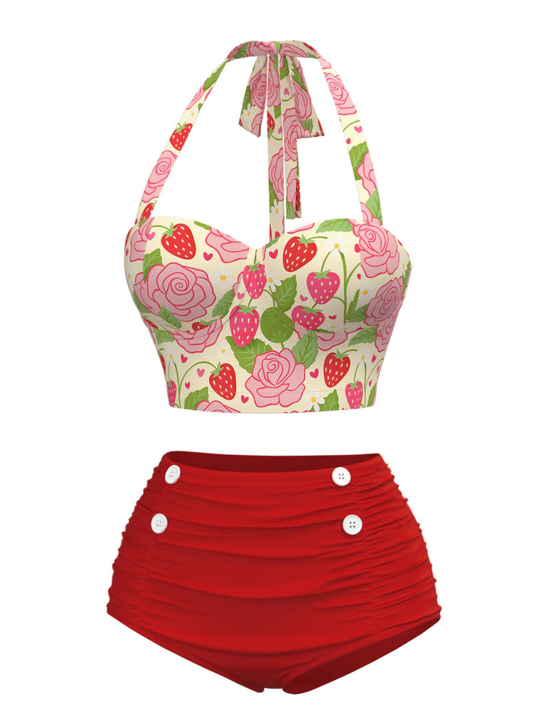 Rot 1950er Rose & Erdbeere Halter Badeanzug