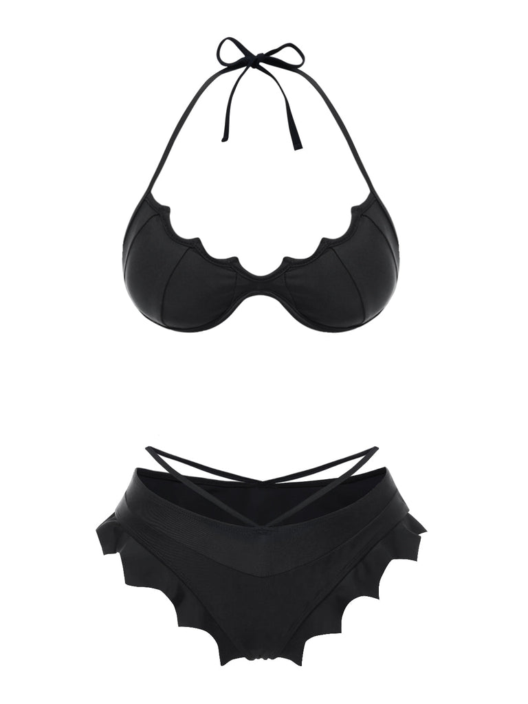 Schwarz 1980er Solide Gothic Fledermausflügel Bikini Set