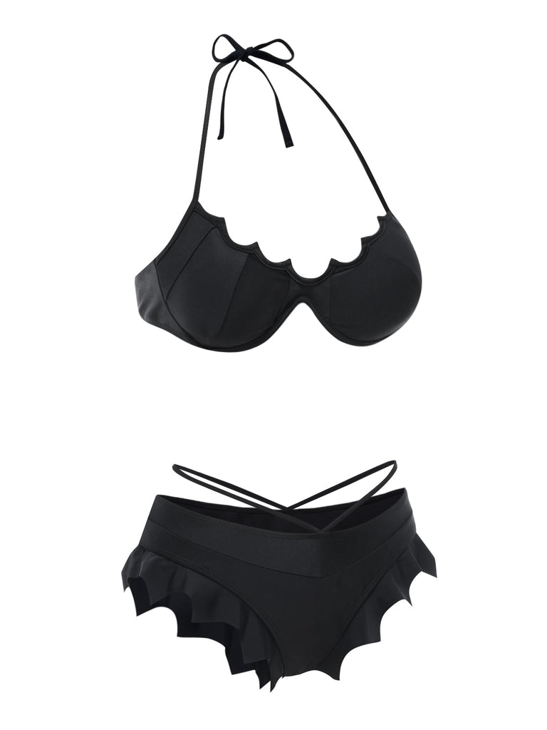 Schwarz 1980er Solide Gothic Fledermausflügel Bikini Set