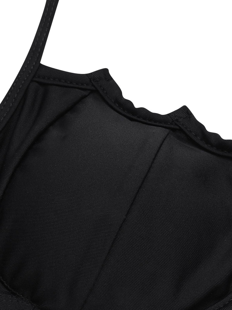 Schwarz 1980er Solide Gothic Fledermausflügel Bikini Set
