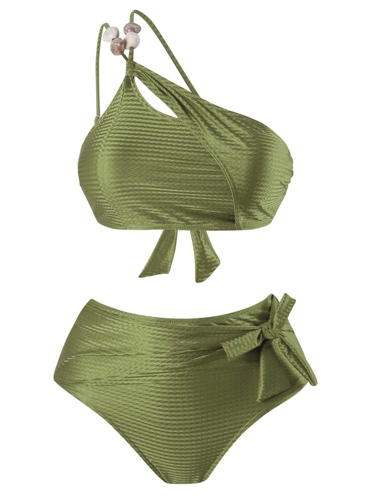 1950er Solide Eine Schulter Strukturiert Stoff Perlenstickerei Bikini Set