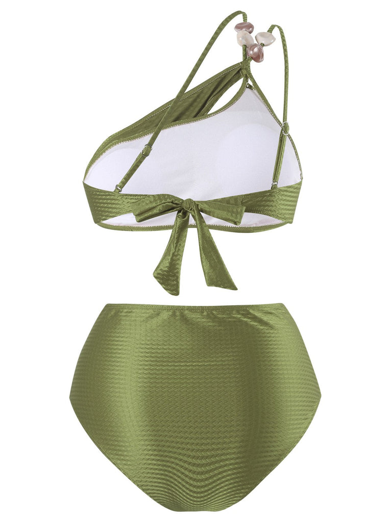 1950er Solide Eine Schulter Strukturiert Stoff Perlenstickerei Bikini Set