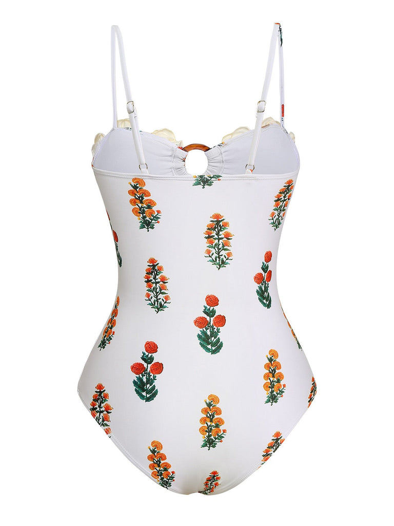 2PCS Weiß 1960er 3D-Blumen Spaghetti Träger Badeanzug & Cover-Up