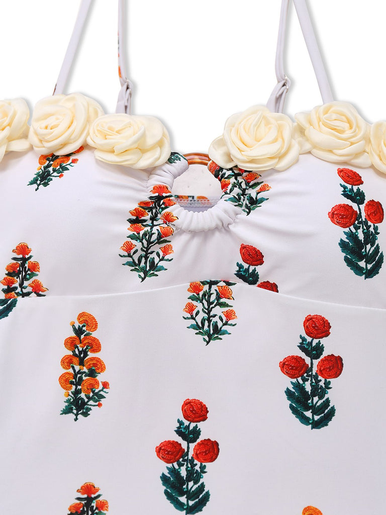 2PCS Weiß 1960er 3D-Blumen Spaghetti Träger Badeanzug & Cover-Up