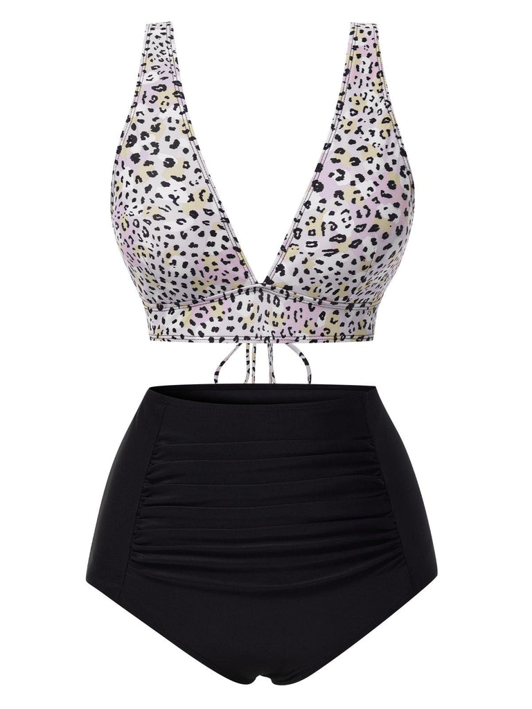 1950er Leopard Drucken Tief V-Ausschnitt Schnürung Bikini Set